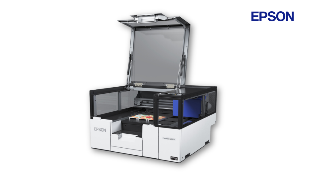 Mesin printer UV Epson SureColor V1030 / V1000 dengan penutup terbuka untuk cetak merchandise dan objek 3D